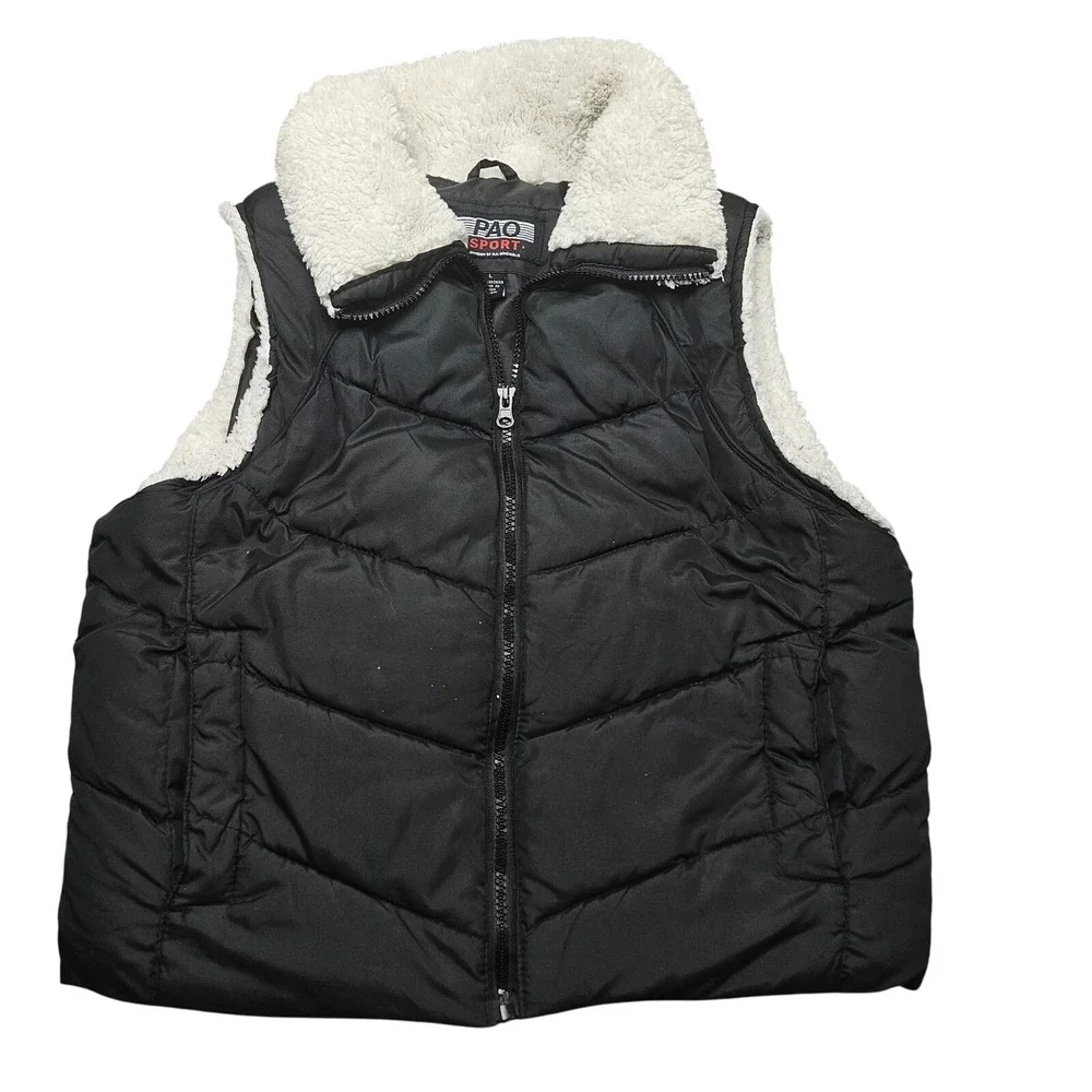 PAO Sport‎ Sherpa Lined Puffer Vest L Black Gorpcore Quilted Insulated Outdoor